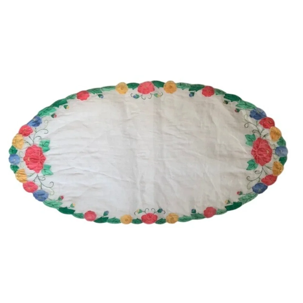 Vintage Embroidered Floral Table Runner & Oval Centerpiece Doily Set Cottagecore